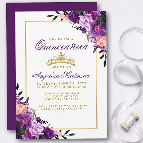 Quinceanera Purple Floral Gold Crown Invite P