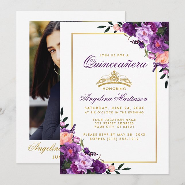 Quinceanera Purple Floral Gold Crown Photo Back Invitation (Front/Back)