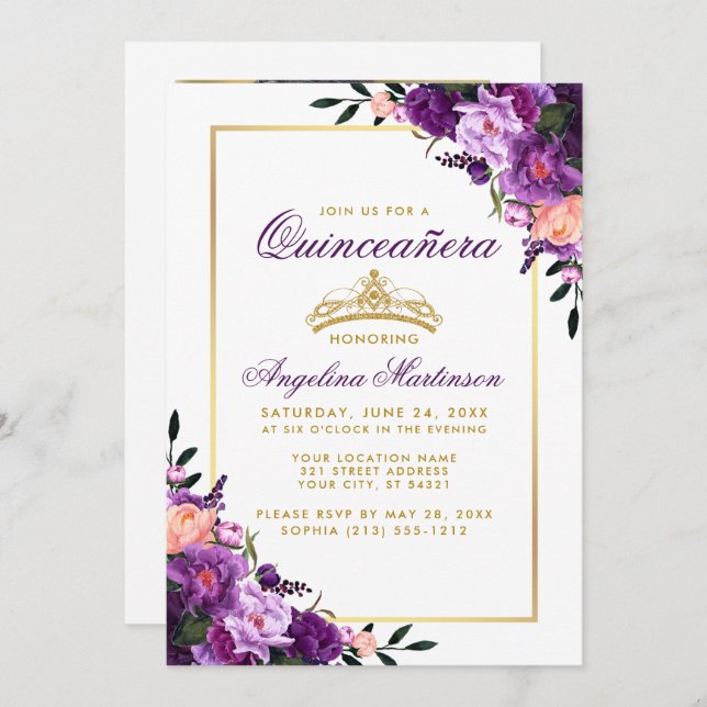 Quinceanera Purple Floral Gold Crown Photo Back Invitation (Front/Back)
