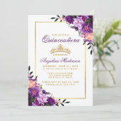 Quinceanera Purple Floral Gold Crown Photo Back Invitation (Standing Front)