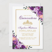 Quinceanera Purple Floral Gold Crown Photo Back Invitation (Front)