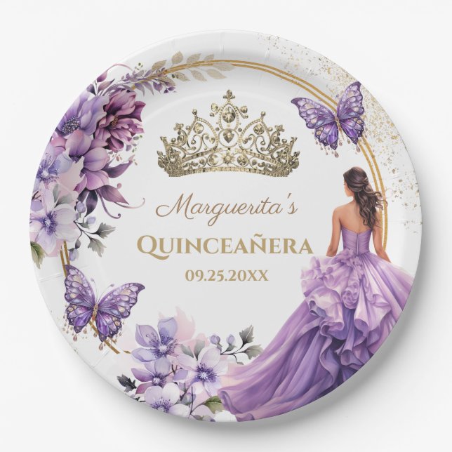 Quinceañera Purple Floral Gold Tiara Butterfly Paper Plates (Front)