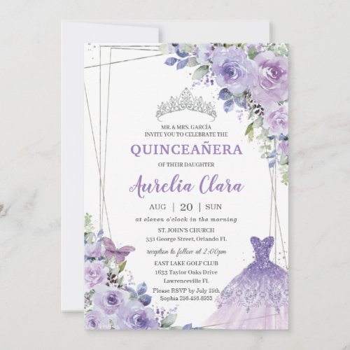 Quinceaera Purple Floral Gown Dress Silver Tiara Invitation
