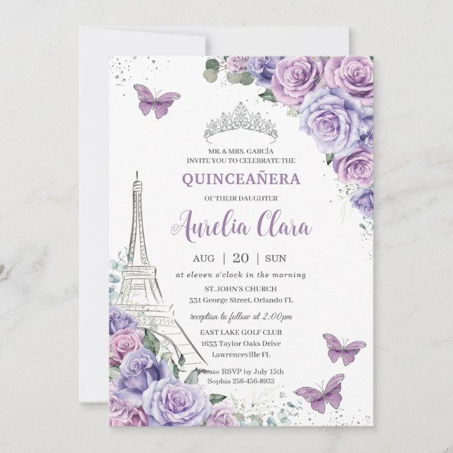 Quinceañera Purple Floral Paris Eiffel Butterflies Invitation (Front)