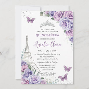 Quinceañera Purple Floral Paris Eiffel Butterflies Invitation