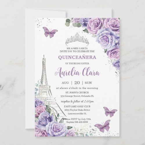 Quinceaera Purple Floral Paris Eiffel Butterflies Invitation