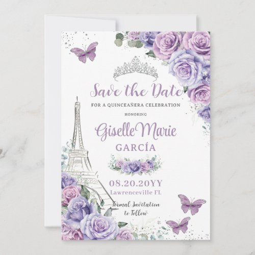 Quinceaera Purple Floral Paris Eiffel Butterflies Save The Date