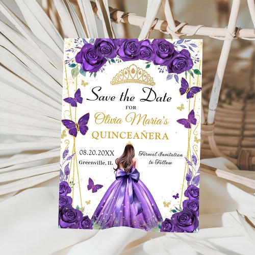 Quinceaera Purple Floral Princess Butterflies Save The Date