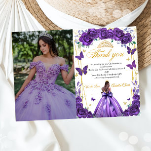 Quinceañera Purple Floral Princess Butterflies Thank You Card