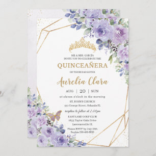 Quinceañera Purple Floral Princess Crown Butterfly Invitation