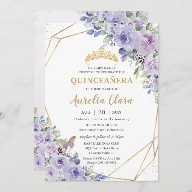 Quinceañera Purple Floral Princess Crown Butterfly Invitation | Zazzle