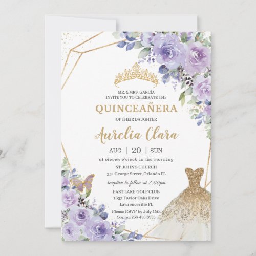 Quinceaera Purple Floral Princess Gold Gown Tiara Invitation
