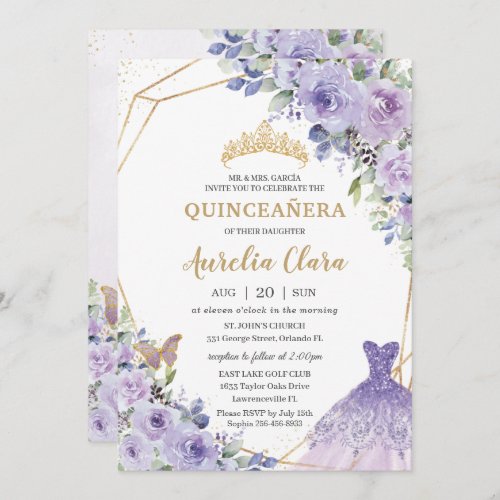 Quinceaera Purple Floral Princess Gown Tiara Invi Invitation