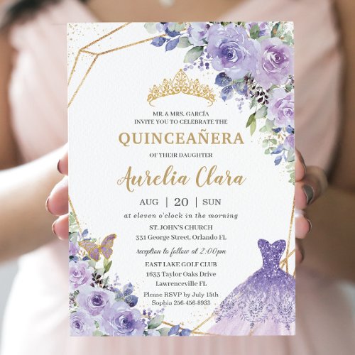 Quinceaera Purple Floral Princess Gown Tiara Invi Invitation