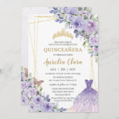 Quinceañera Purple Floral Princess Gown Tiara Invitation (Front/Back)