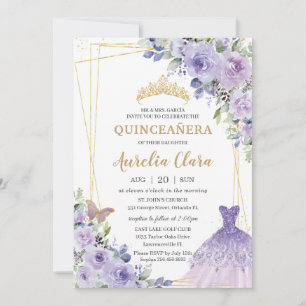 Quinceañera Purple Floral Princess Gown Tiara Invitation