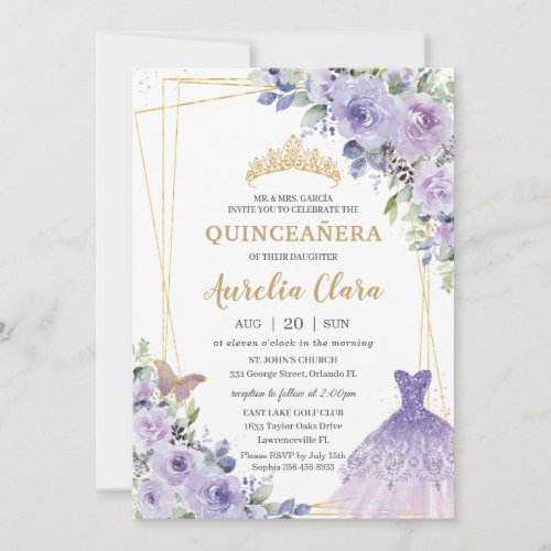 Quinceaera Purple Floral Princess Gown Tiara Invitation