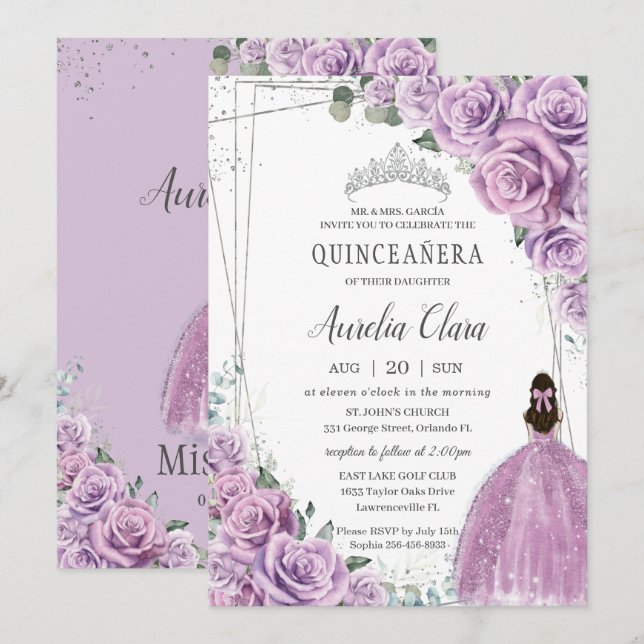 Quinceañera Purple Floral Princess Silver Birthday Invitation (Front/Back)