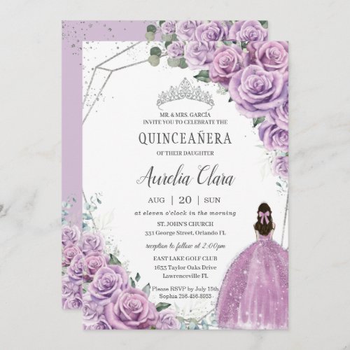 Quinceaera Purple Floral Princess Silver Birthday Invitation