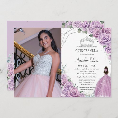 Quinceaera Purple Floral Princess Silver Birthday Invitation