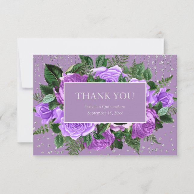 Quinceañera Purple Floral Silver Glitter Thank You Card (Front)