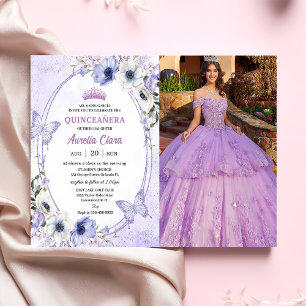 Quinceañera Purple Floral Tiara Butterflies Photo Invitation