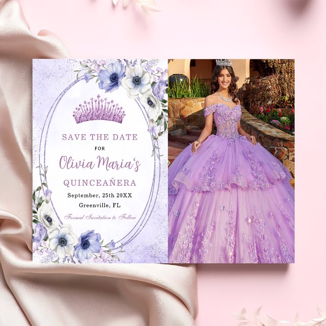 Quinceañera Purple Floral Tiara Butterflies Photo Save The Date (Creator Uploaded)