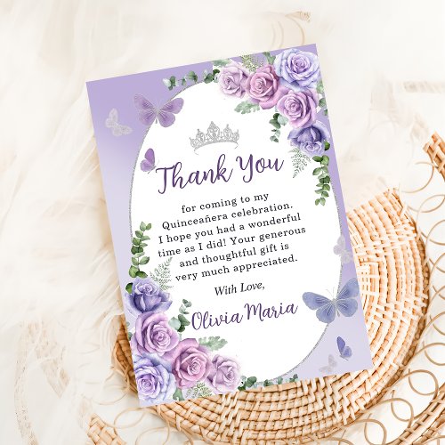 Quinceaera Purple Floral Tiara Thank You Card