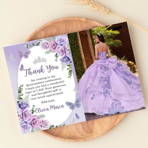 Quinceaera Purple Floral Tiara Thank You Card 