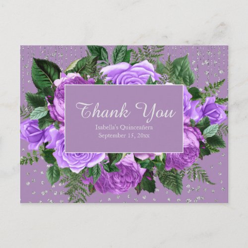 Quinceaera Purple FlowersThank You Silver Glitter Postcard
