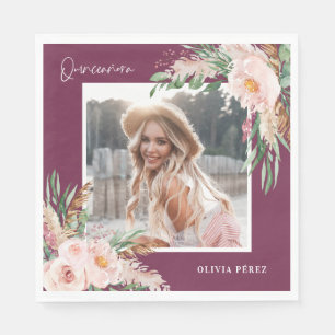 Quinceañera purple girly floral photo birthday napkins