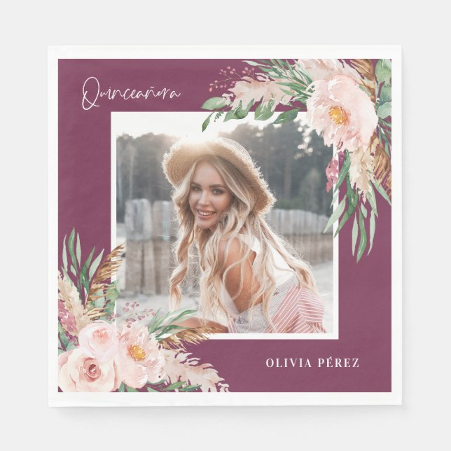 Quinceañera purple girly floral photo birthday napkins (Front)