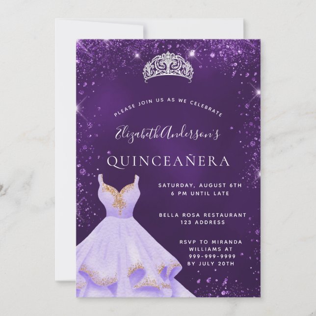 Quinceanera purple glitter dress tiara invitation (Front)