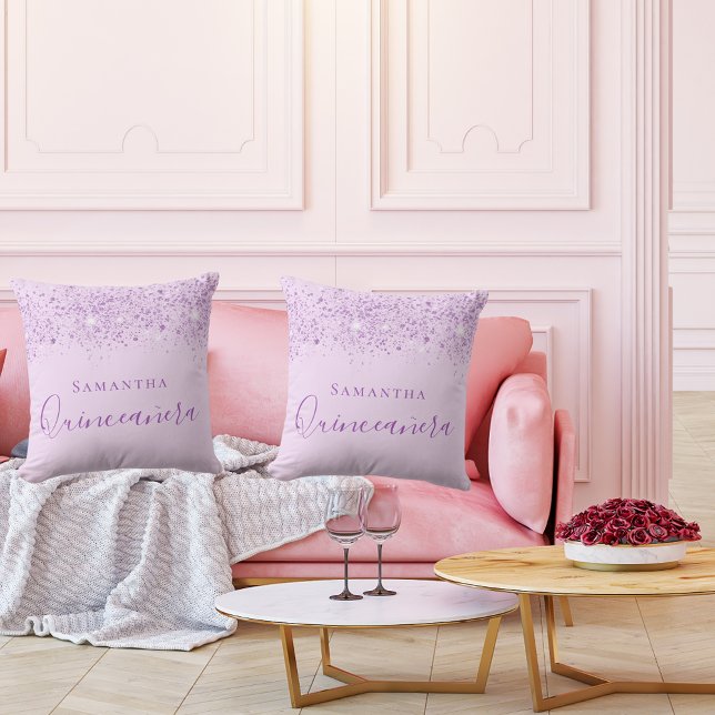Quinceanera purple glitter drops monogram throw pillow (Creator Uploaded)