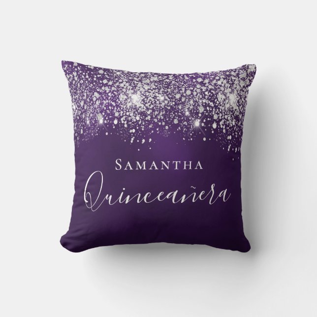 Quinceanera purple glitter dust silver monogram throw pillow (Front)