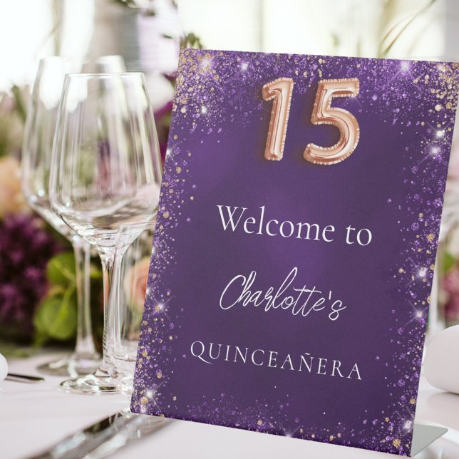 Quinceanera purple glitter sparkles welcome pedestal sign (Creator Uploaded)