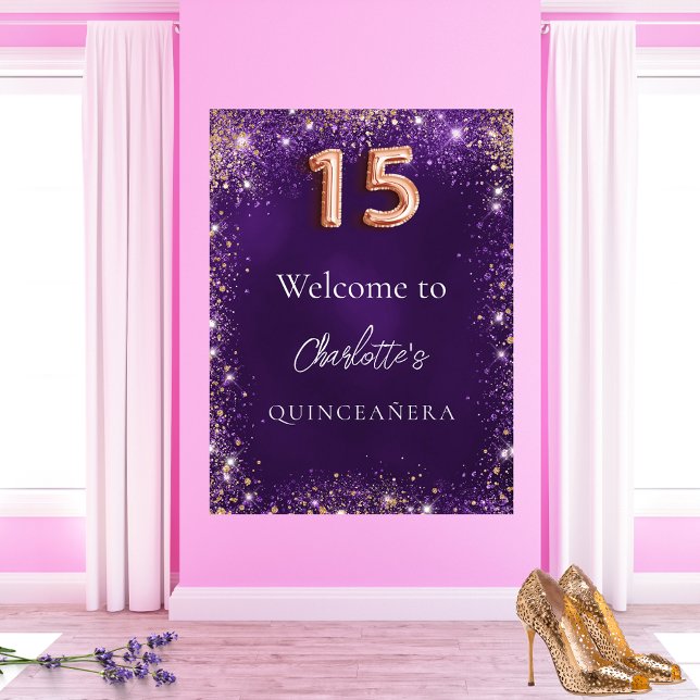 Quinceanera purple glitter sparkles welcome poster (Creator Uploaded)