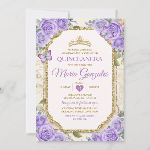 Quinceaera Purple  Gold Crown Mexican Butterfly Invitation