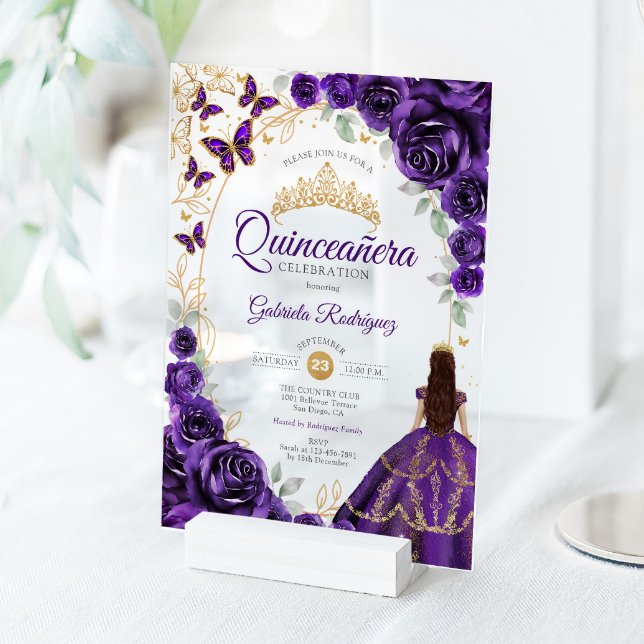 Quinceanera Purple Gold Floral Acrylic Invitations (Creator Uploaded)