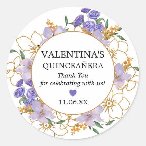 Quinceanera Purple Gold Floral Favor Thank You Classic Round Sticker