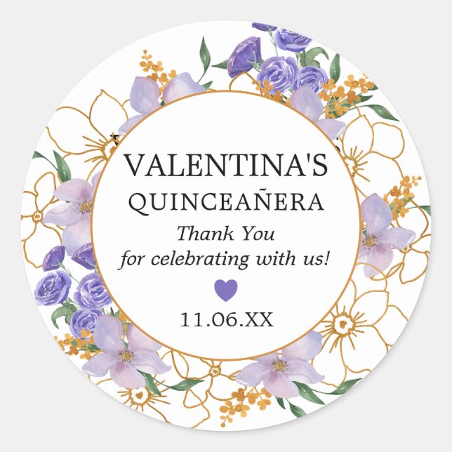 Quinceanera Purple Gold Floral Favor Thank You Classic Round Sticker (Front)