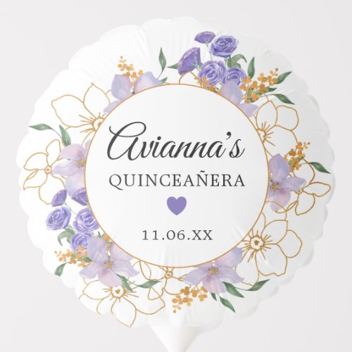 Quinceanera Purple Gold Floral Party Balloon