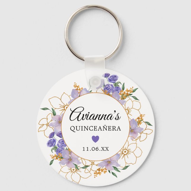 Quinceanera Purple Gold Floral Party Favor Keychain (Front)