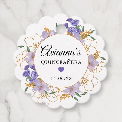 Quinceanera Purple Gold Floral Party Favor Tags