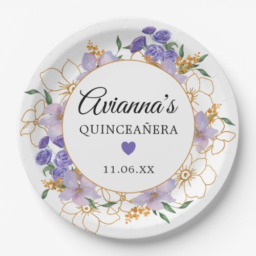 Quinceanera Purple Gold Floral Party Paper Plates