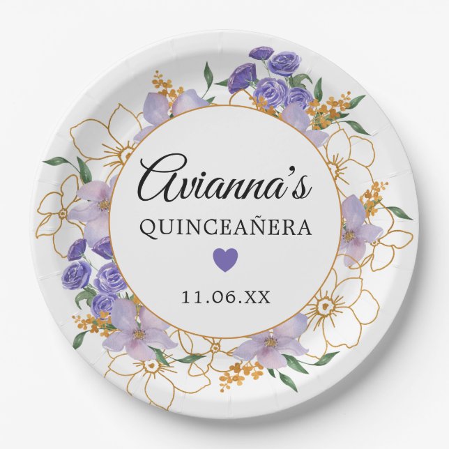 Quinceanera Purple Gold Floral Party Paper Plates (Front)