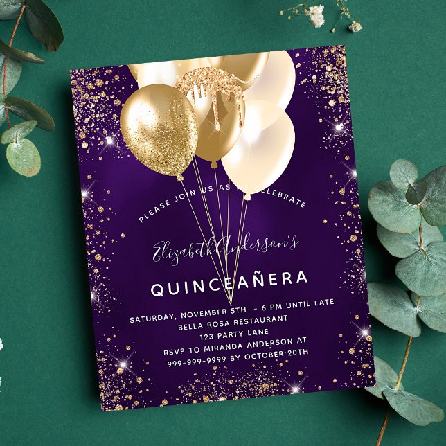 Quinceanera purple gold glitter balloons budget flyer