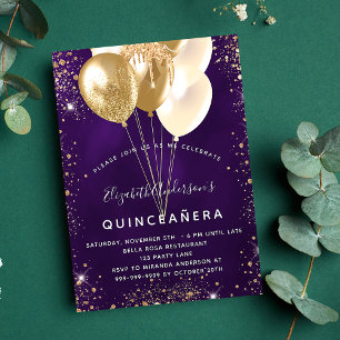 Quinceanera purple gold glitter balloons invitation postcard