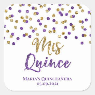 Quinceañera Purple Gold Glitter Confetti Square Sticker