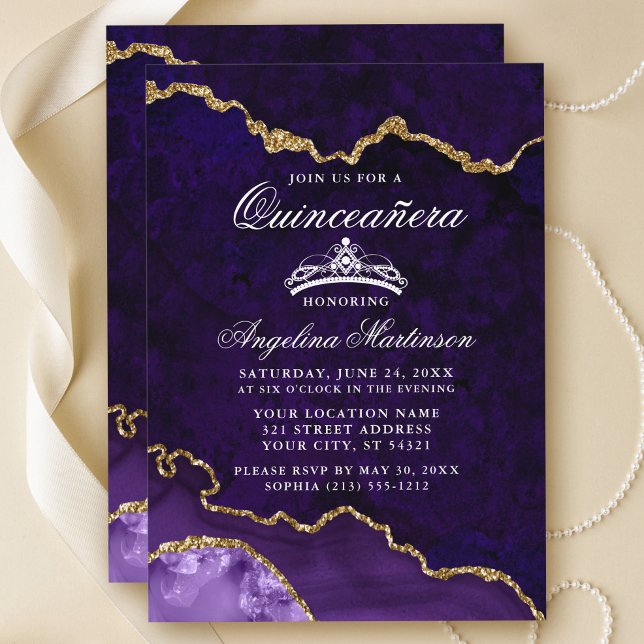 Quinceanera Purple Gold Marble Agate Geode Invitation